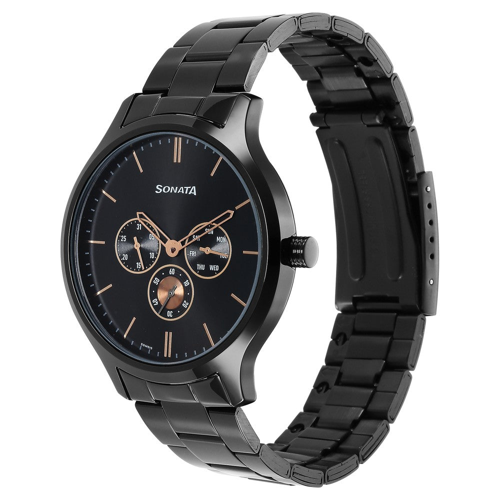 Sonata Quartz Multifunction Black Dial Stainless Steel Strap Watch for Men image 2