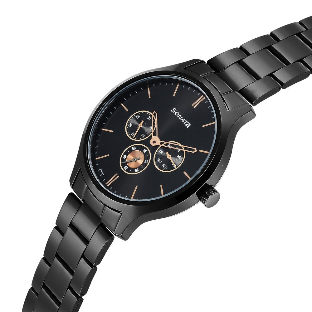Sonata Quartz Multifunction Black Dial Stainless Steel Strap Watch for Men image 3