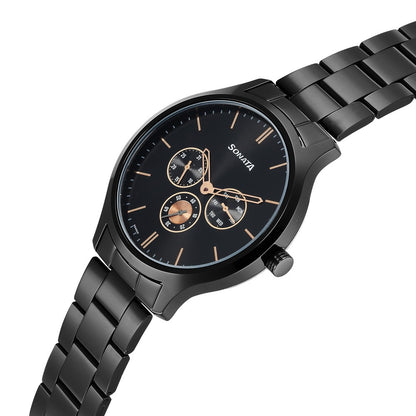 Sonata Quartz Multifunction Black Dial Stainless Steel Strap Watch for Men image 3