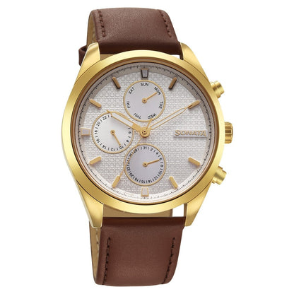 Sonata Magna Quartz Multifunction Silver Dial Brown Leather Strap Watch For Men image 1