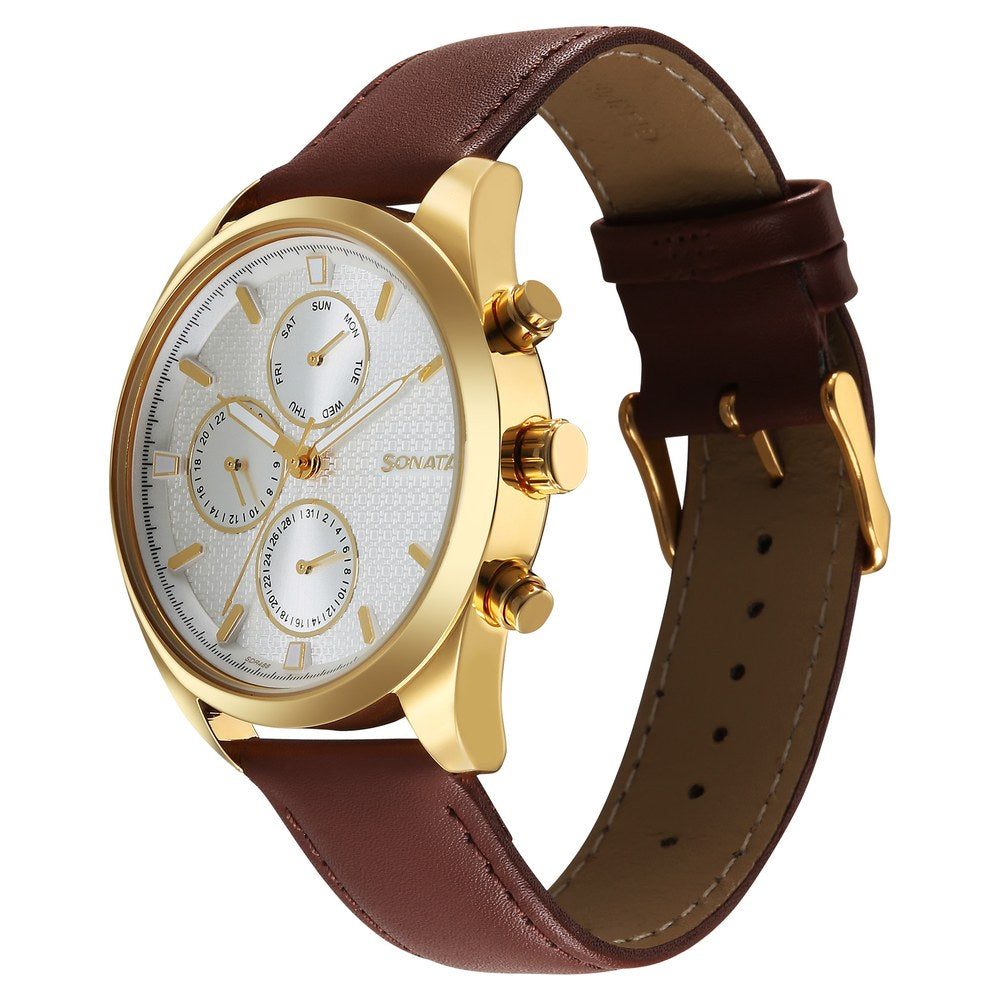 Sonata Magna Quartz Multifunction Silver Dial Brown Leather Strap Watch For Men image 2