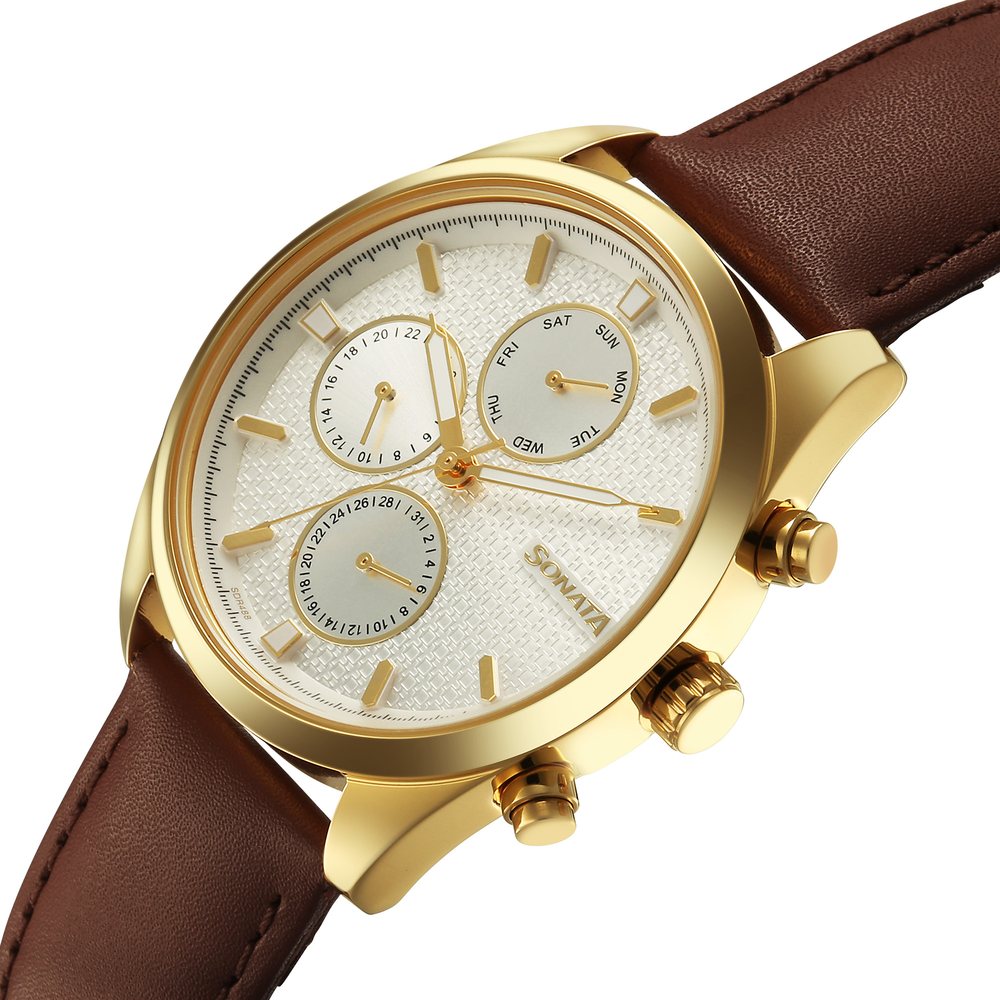 Sonata Magna Quartz Multifunction Silver Dial Brown Leather Strap Watch For Men image 3