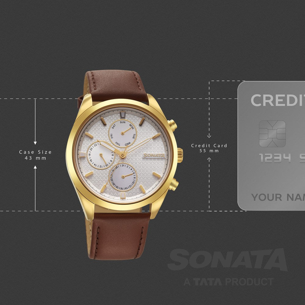 Sonata Magna Quartz Multifunction Silver Dial Brown Leather Strap Watch For Men image 4