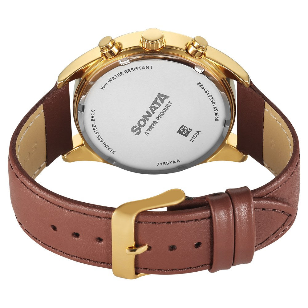 Sonata Magna Quartz Multifunction Silver Dial Brown Leather Strap Watch For Men image 5