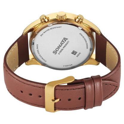 Sonata Magna Quartz Multifunction Silver Dial Brown Leather Strap Watch For Men image 5