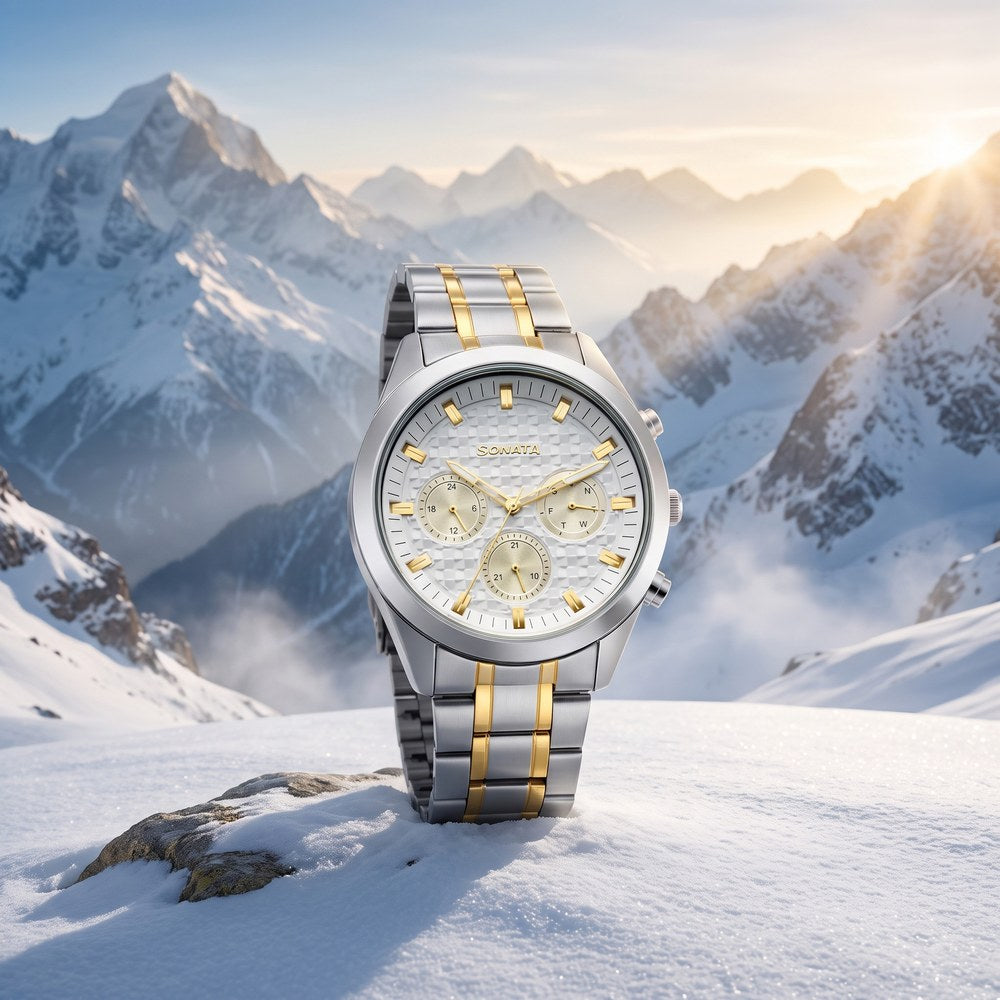 Sonata Multifunction White Dial Two Toned Metal Strap Watch For Men image 1
