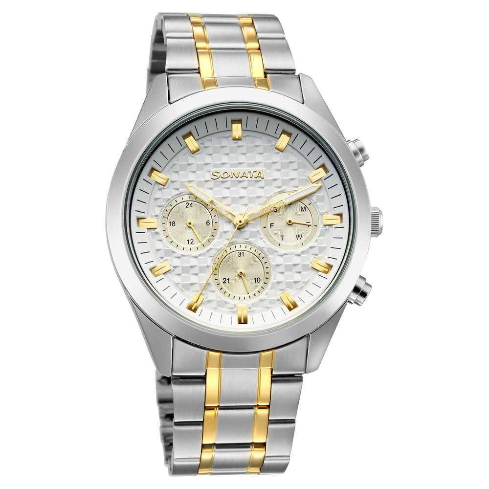 Sonata Multifunction White Dial Two Toned Metal Strap Watch For Men image 2