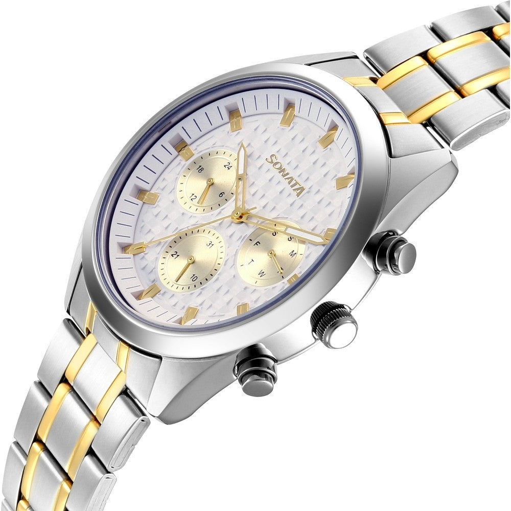 Sonata Multifunction White Dial Two Toned Metal Strap Watch For Men image 5