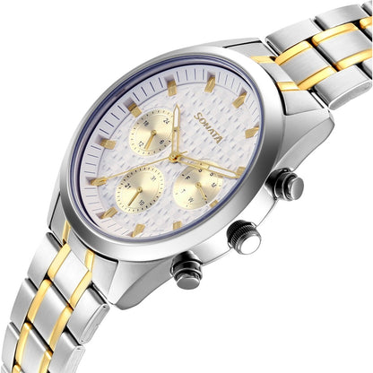 Sonata Multifunction White Dial Two Toned Metal Strap Watch For Men image 5
