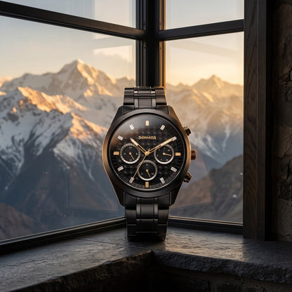 Sonata Multifunction Black Dial Black Metal Strap Watch For Men image 1