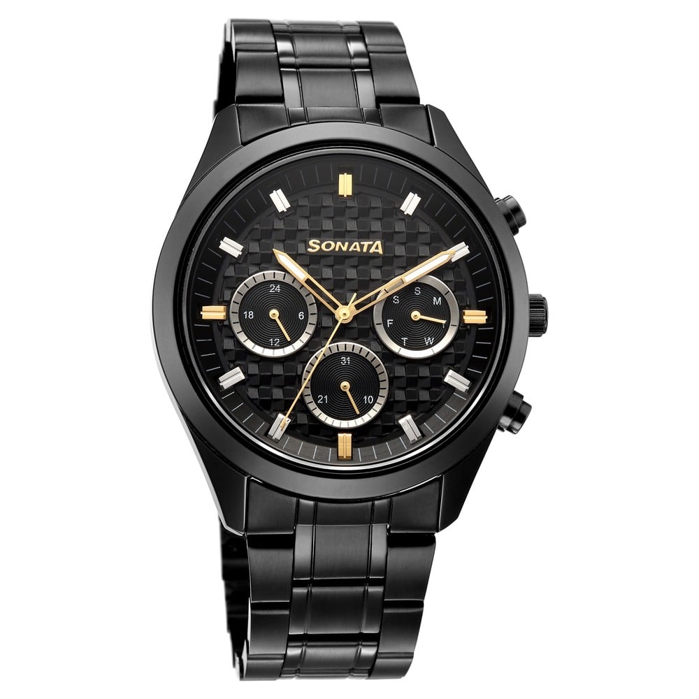 Sonata Multifunction Black Dial Black Metal Strap Watch For Men image 2