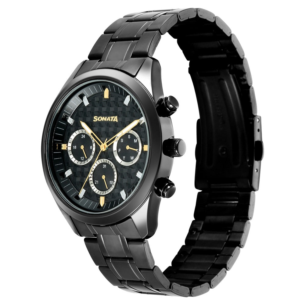 Sonata Multifunction Black Dial Black Metal Strap Watch For Men image 3