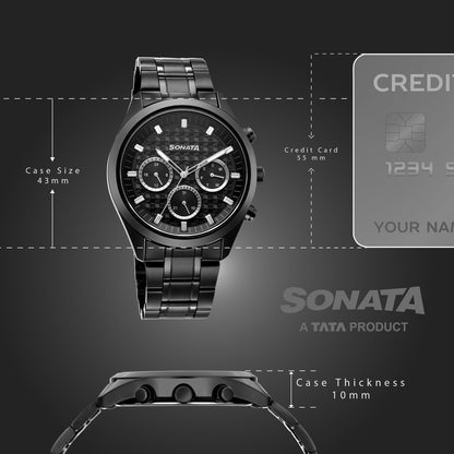 Sonata Multifunction Black Dial Black Metal Strap Watch For Men image 4