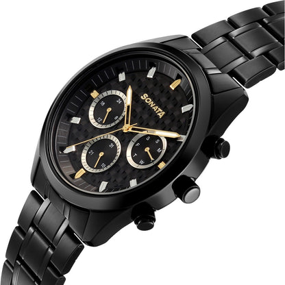 Sonata Multifunction Black Dial Black Metal Strap Watch For Men image 5