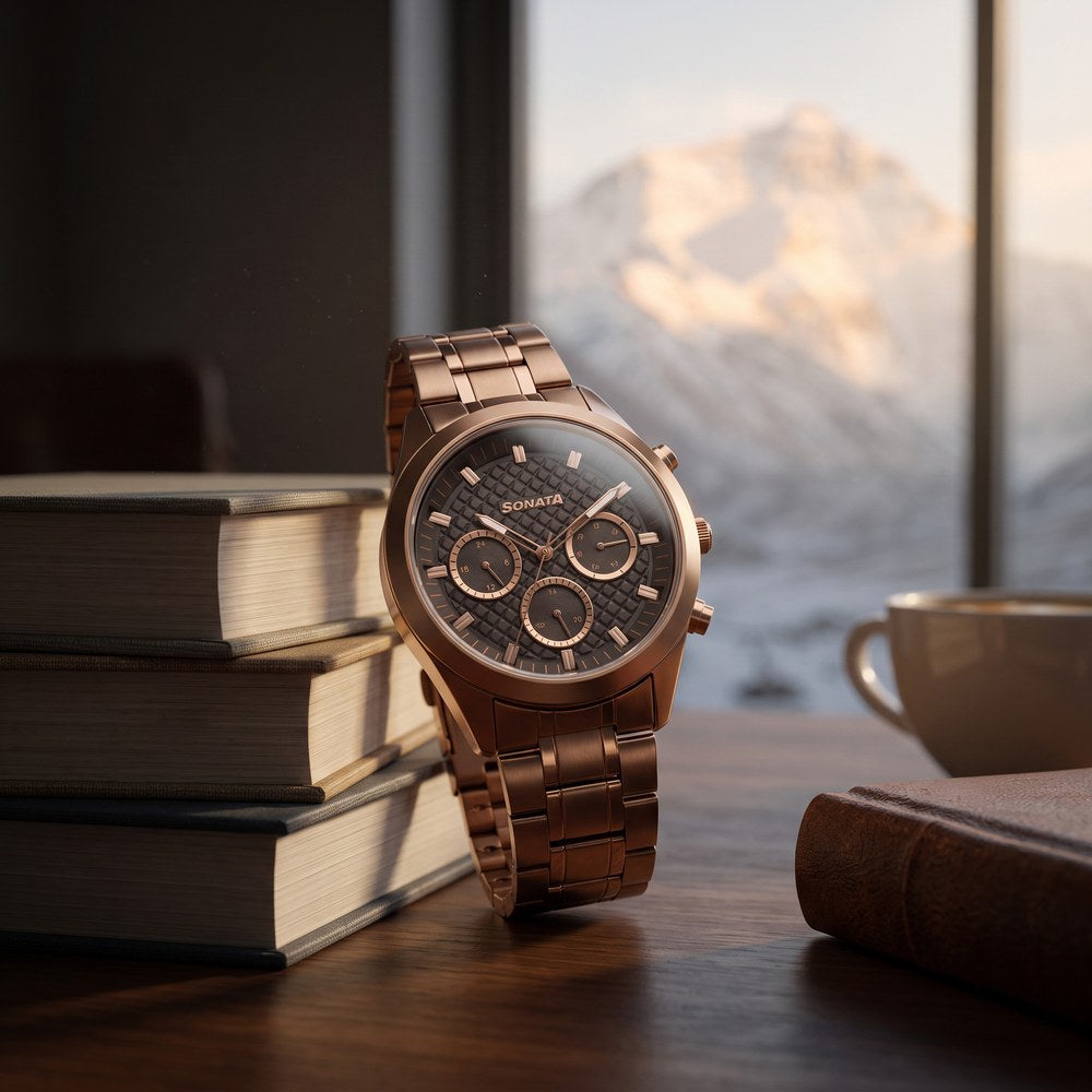 Sonata Multifunction Brown Dial Brown Metal Strap Watch For Men image 1