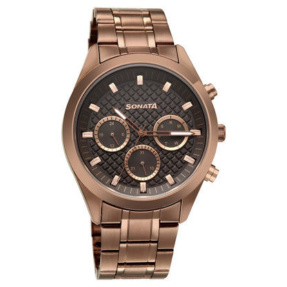 Sonata Multifunction Brown Dial Brown Metal Strap Watch For Men image 2