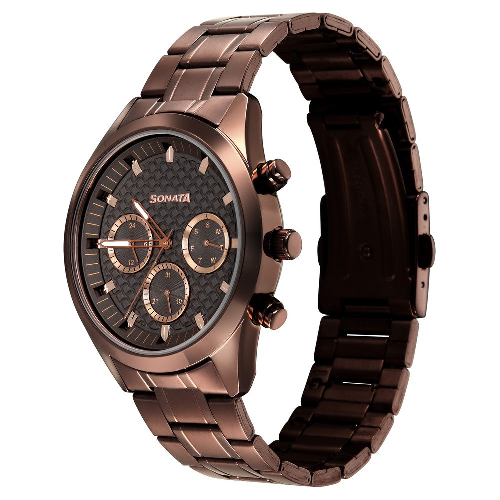 Sonata Multifunction Brown Dial Brown Metal Strap Watch For Men image 3