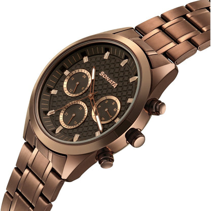 Sonata Multifunction Brown Dial Brown Metal Strap Watch For Men image 5