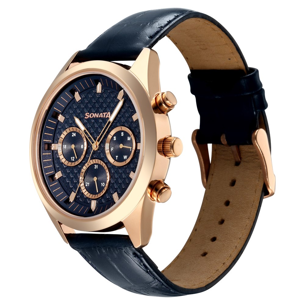 Sonata Multifunction Blue Dial Blue Leather Strap Watch For Men image 3