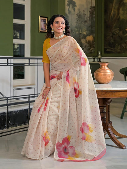 Vasthrlay Off White Printed Saree with elegant ethnic styling