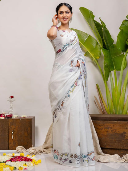Vasthrlay Ethnic White Saree with decorative printed design