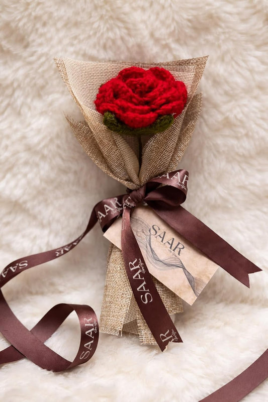 Handmade Crochet Red Rose with Burlap Wrap, Artisan Crafted Gift Decoration - image 1