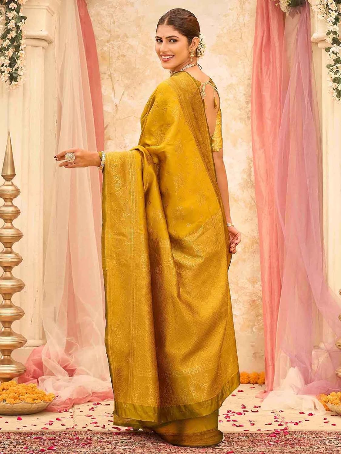 Vasthrlay Banarasi Yellow Saree with decorative traditional design