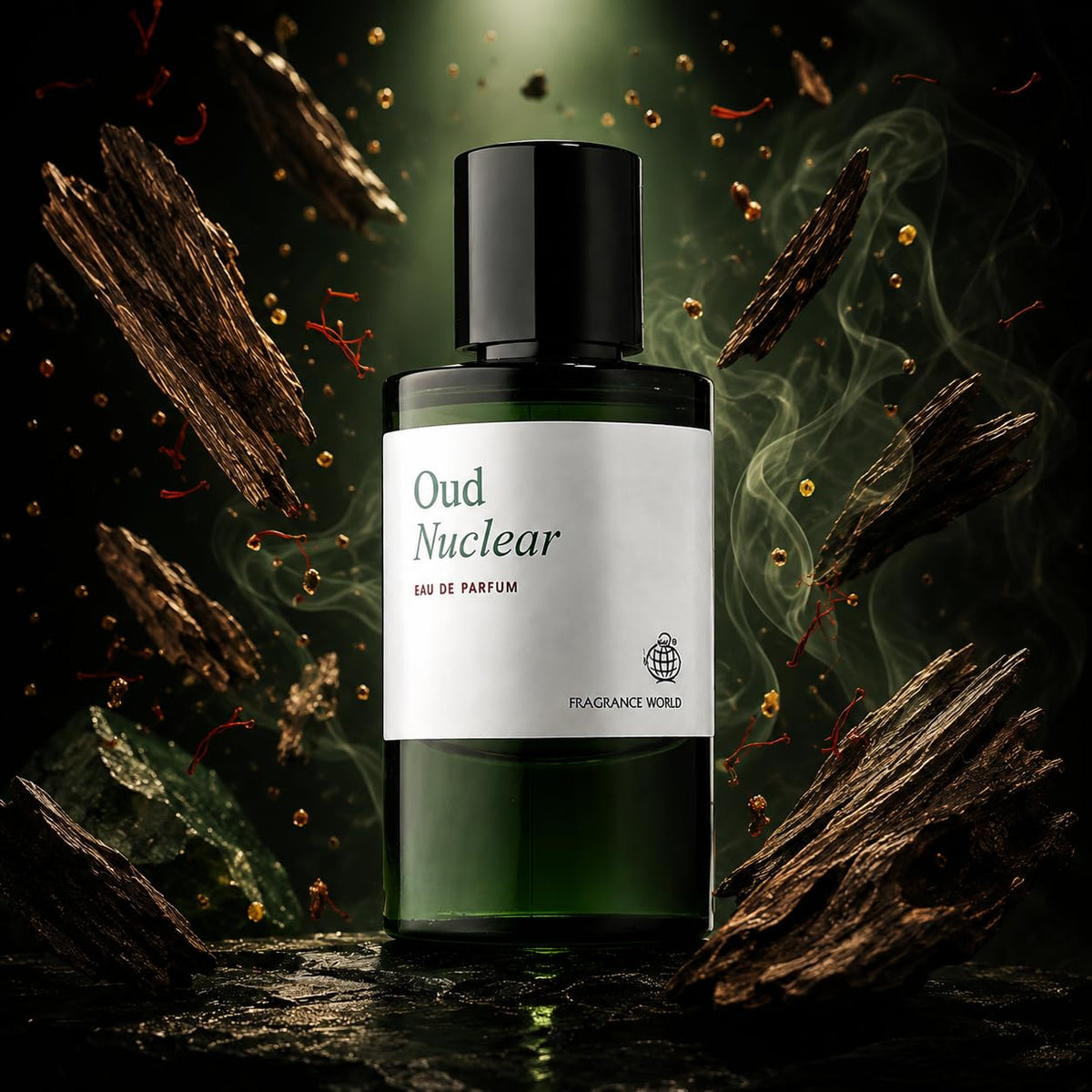 Fragrance World Oud Nuclear Eau De Parfum 60ml bottle with agarwood and saffron