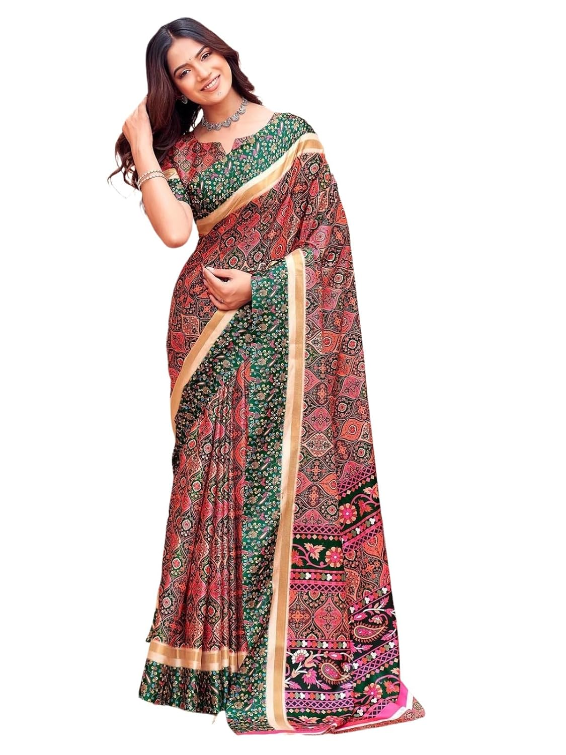 Vasthrlay Womens Printed Multicolour Saree With Unstitched Blouse Piece