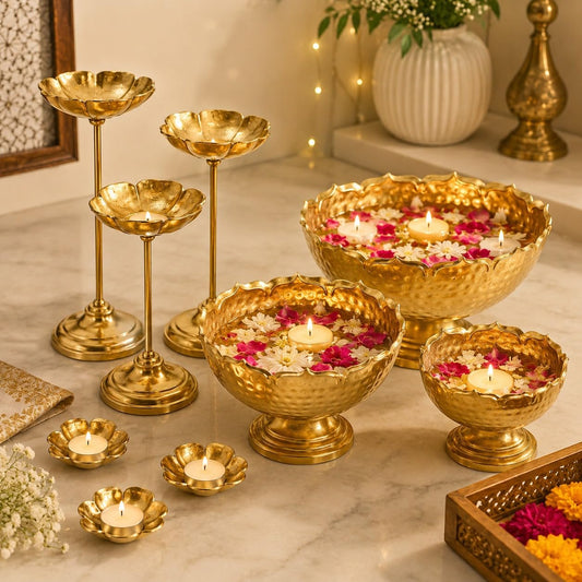 Brass Industry Taj Bowl Hammered Urli Candle Stand Set of 9 with Floating Diya