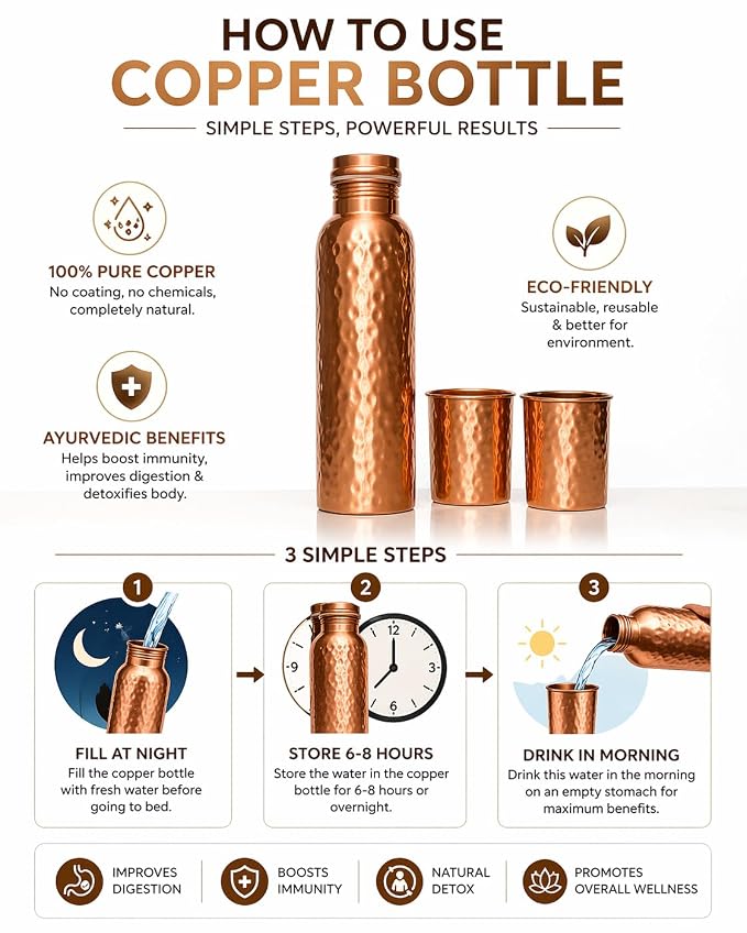 AKTU Hammered Copper Bottle Gift Set (900ml) with 2 Glasses (275ml)