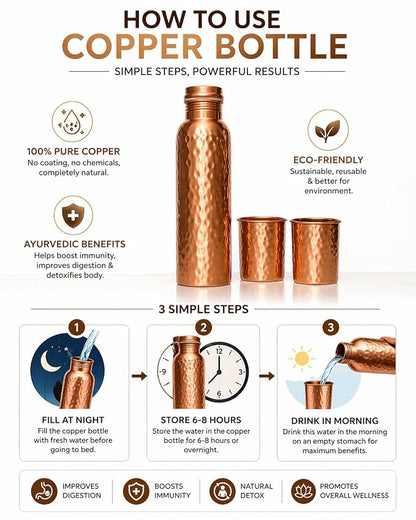 AKTU Hammered Copper Bottle Gift Set (900ml) with 2 Glasses (275ml)