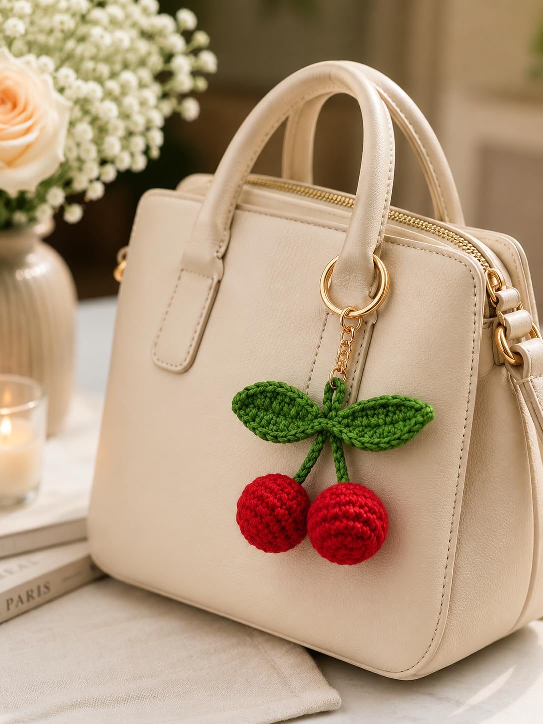 Crochet Cherry Keychain Handmade, Cute Fruit Keyring Bag Charm, Aesthetic - image 4