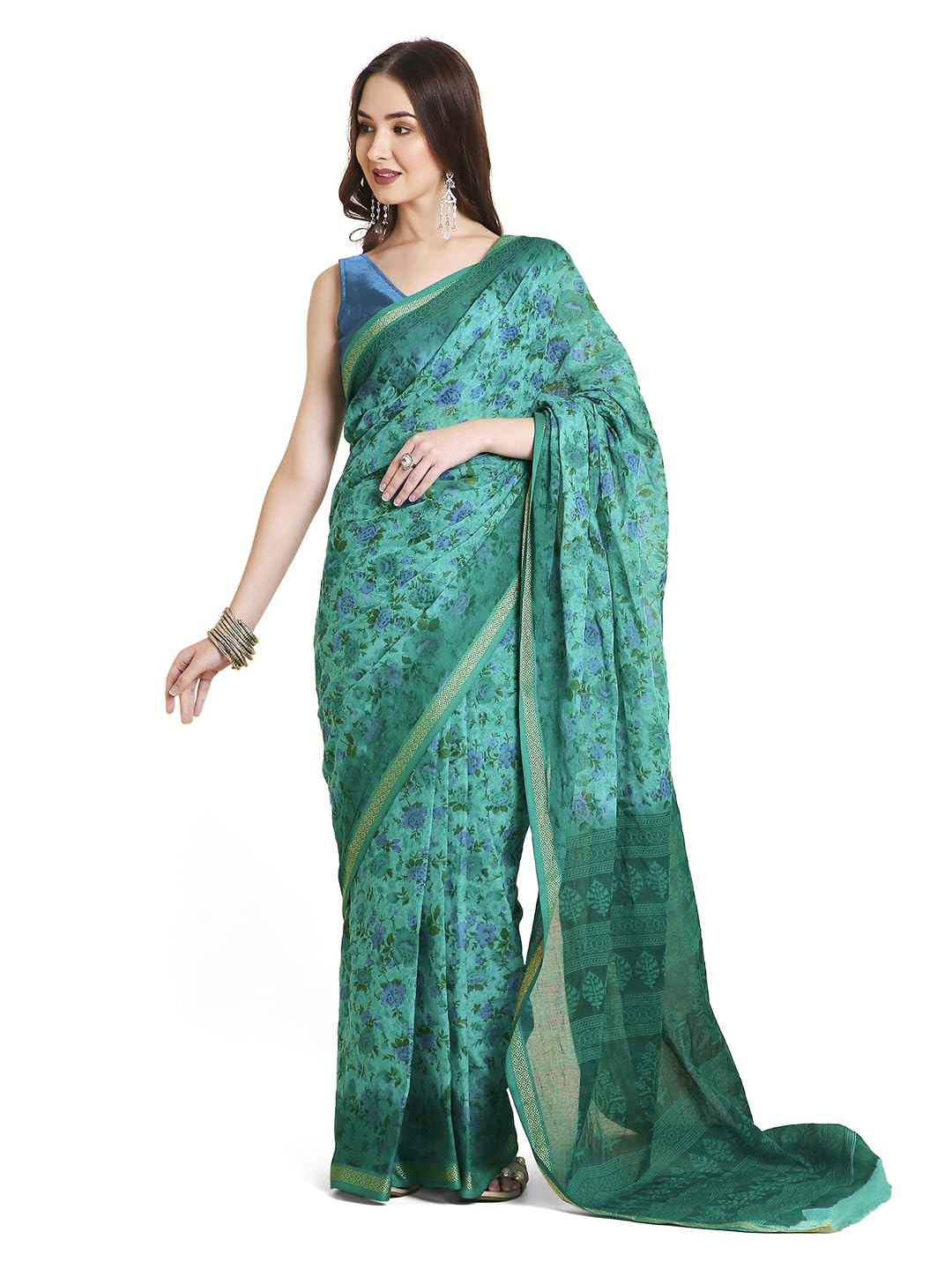 Vasthrlay Blue Cotton Printed Saree for festive ethnic occasions