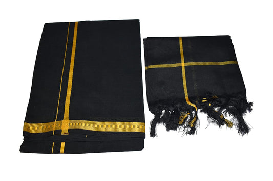 COTTONISM Black Dhoti with Matching Towel Ayyappa Vratham Collection