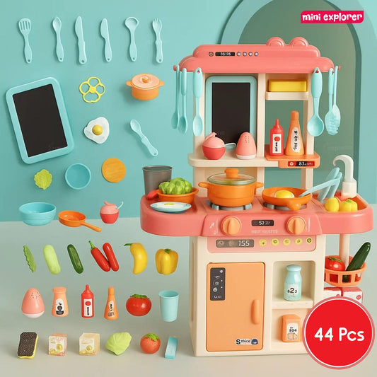 MiniExplorer Kitchen Set for Kids Big Kitchen Playset with Light Sound and Running Water 44 Pieces