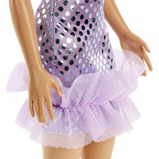 Barbie Doll Blonde Hair Lavender Metallic Mini Dress with Accessories