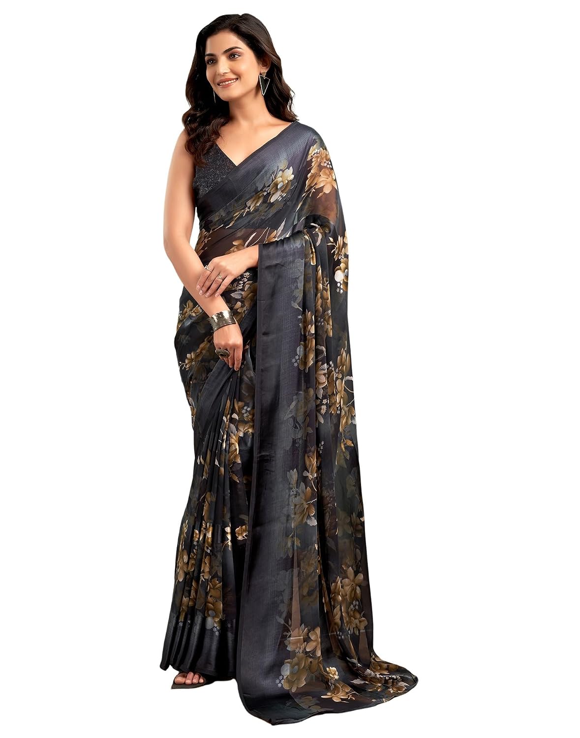 Vasthrlay Georgette Sequence Dark Grey Saree With Unstitched Blouse Piece