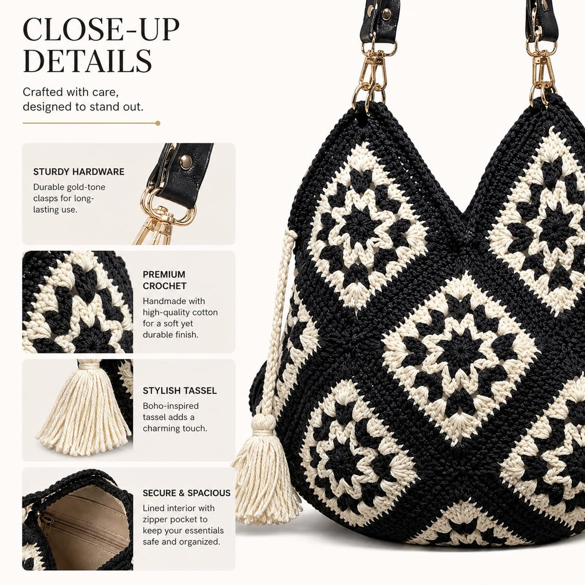 Black & White Crochet Tote Bag - image 3
