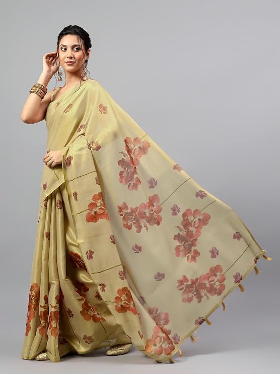 Vasthrlay Womens Beige Floral & Solid Design Polyester Saree With Unstitched Blouse Piece
