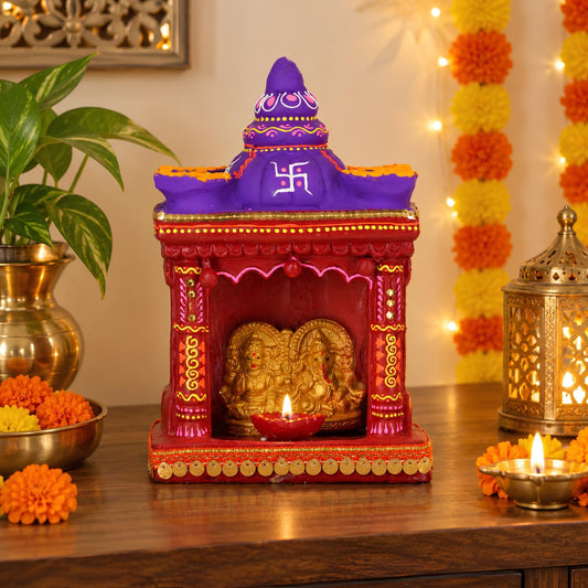UPHARKARO Decorative Clay Laxmi Ganesh Hatri 9 Inch Handmade Diwali Pooja Temple with Diyas
