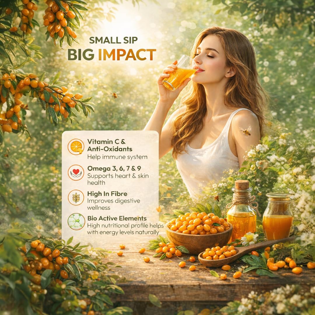 The Wellness Shop Sea Buckthorn Juice bottle, showcasing natural ingredients and a vibrant orange hue. - Image 3