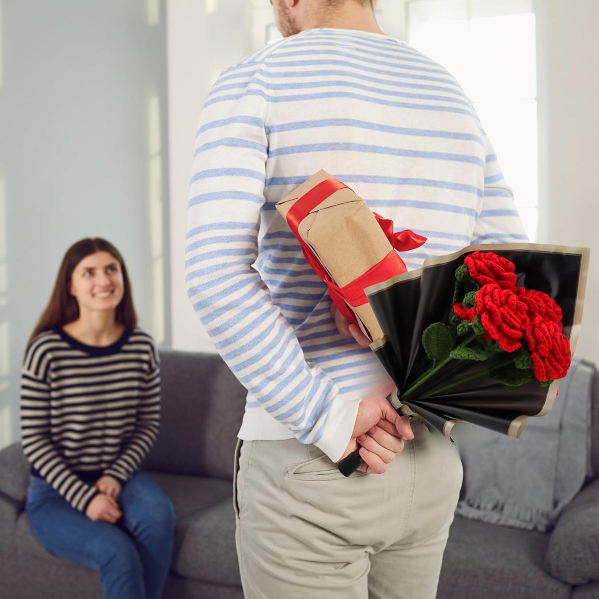 Handicrafts Handmade Crochet Red Roses Bouquet