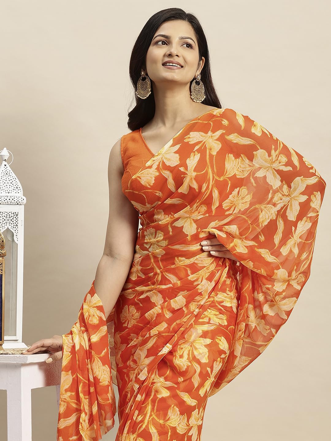Vasthrlay Chiffon Rani Saree with decorative printed design