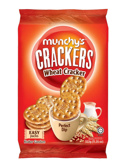 Munchy's Wheat Crackers packaging, showcasing the brand logo and product information.