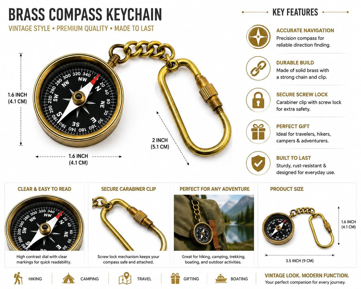 Brass Compass Keychain with Carabiner Clip