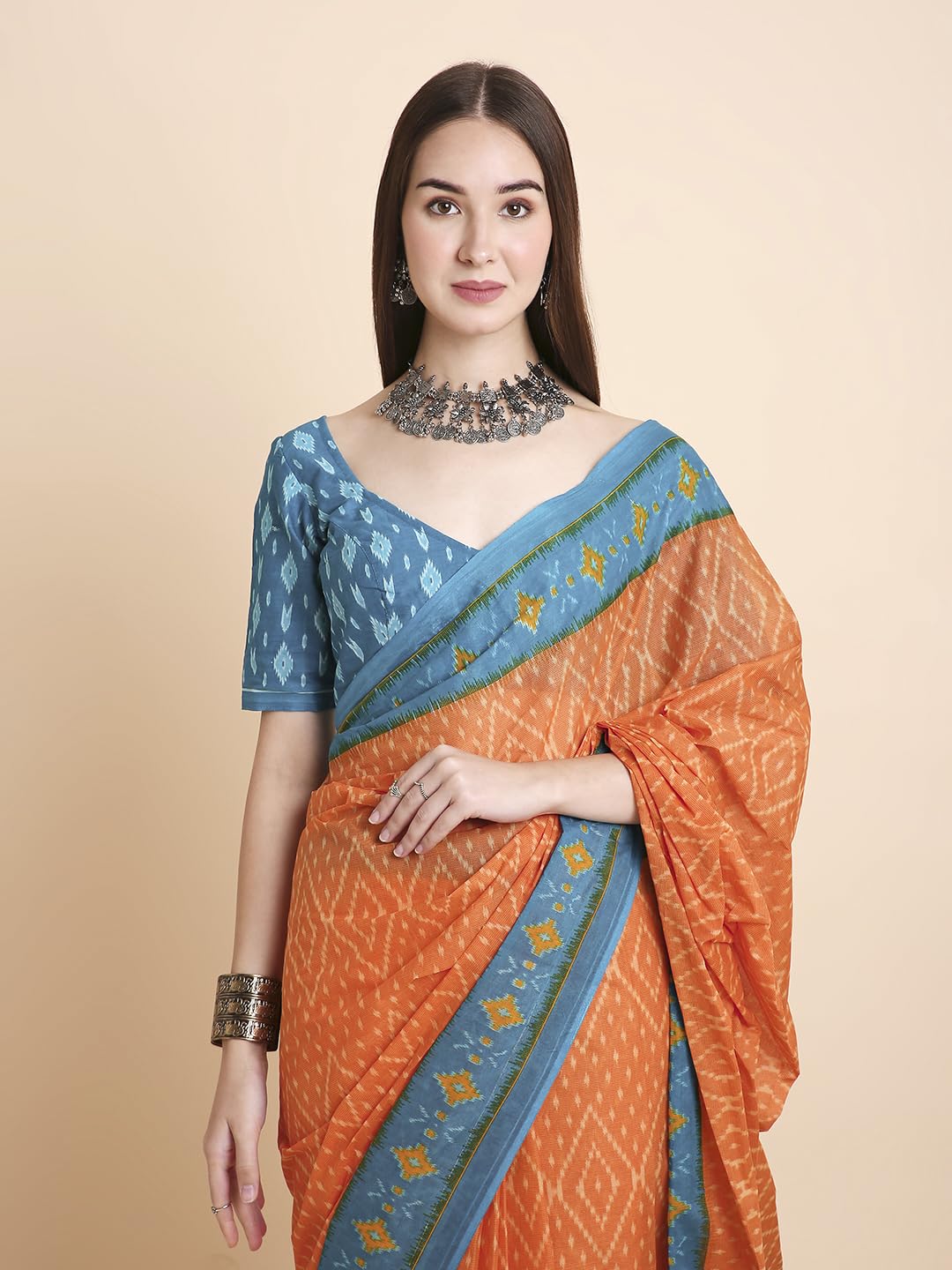 Vasthrlay Cotton Blue Saree with decorative printed design