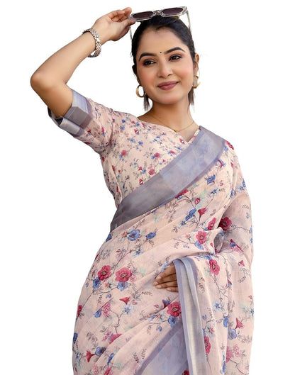 Vasthrlay Womens Printed Off White Saree With Unstitched Blouse Piece