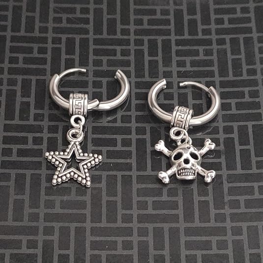 M Men Style Men Star Dangle Hoop Studs With Gothic Skeleton Head Dangle