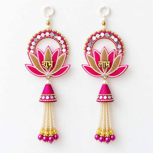 XANTHIC Shubh Labh Lotus Mirror Work Wall Door Hanging Pair Pink and Gold